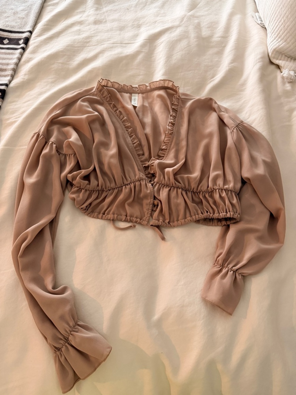Women's Ruffle Trim Drawstring Crop Top - Blush